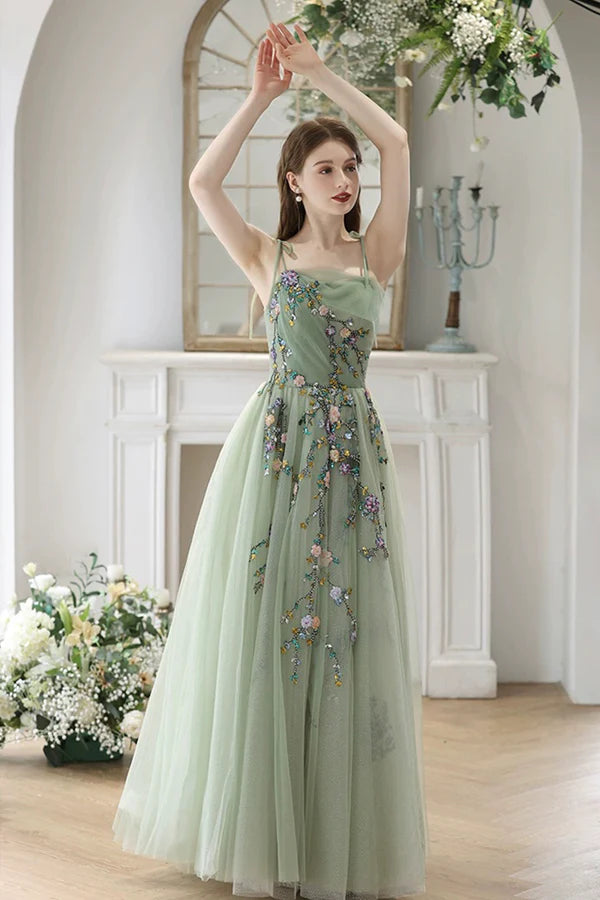 Beautiful Tulle Beads Long Prom Dress Green Spaghetti Strap Backless Evening Party Dress