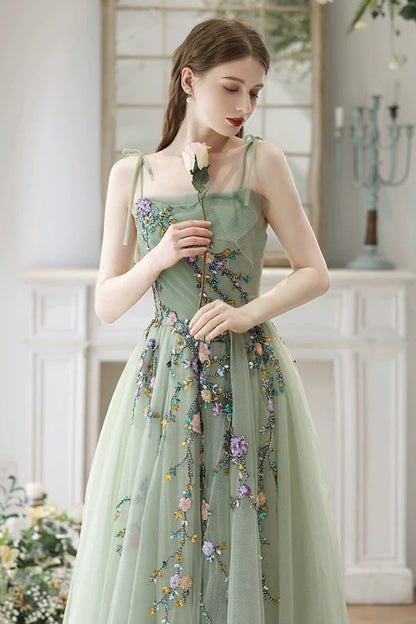 Beautiful Tulle Beads Long Prom Dress Green Spaghetti Strap Backless Evening Party Dress