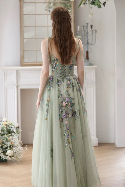 Beautiful Tulle Beads Long Prom Dress Green Spaghetti Strap Backless Evening Party Dress