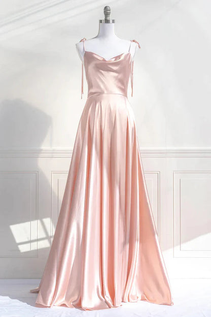 Pink Spaghetti Strap Satin Long Prom Dress Simple A-Line Evening Party Dress