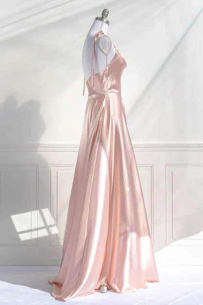 Pink Spaghetti Strap Satin Long Prom Dress Simple A-Line Evening Party Dress