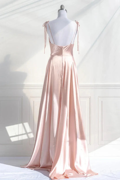 Pink Spaghetti Strap Satin Long Prom Dress Simple A-Line Evening Party Dress