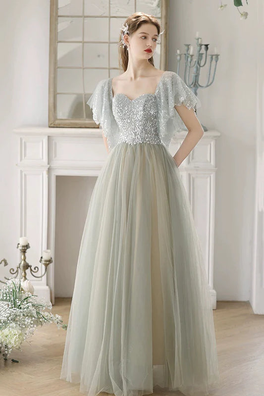 Beautiful Tulle Sequins Long Prom Dress Green A-Line Backless Evening Party Dress