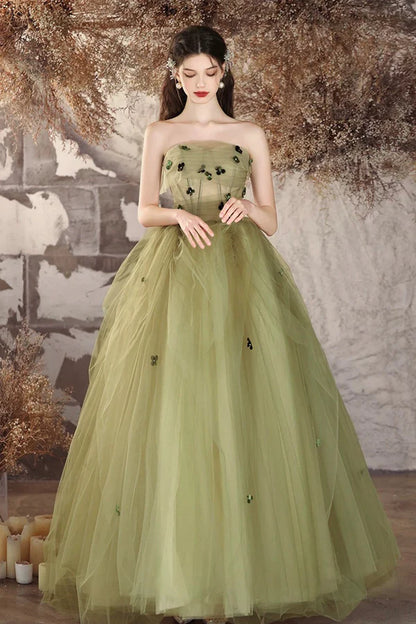 Green Tulle Long A-Line Prom Dress Beautiful Strapless Backless Evening Party Dress