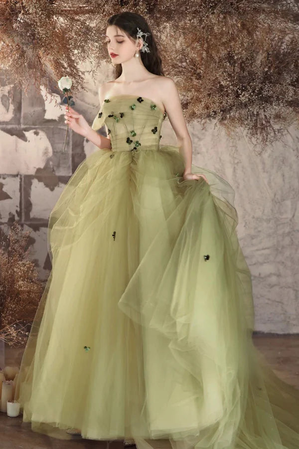 Green Tulle Long A-Line Prom Dress Beautiful Strapless Backless Evening Party Dress