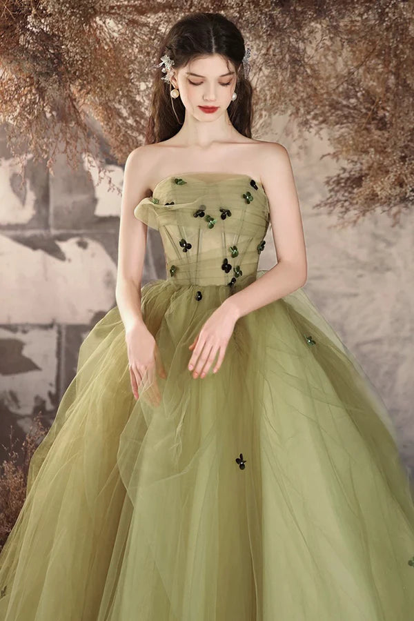 Green Tulle Long A-Line Prom Dress Beautiful Strapless Backless Evening Party Dress