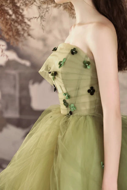 Green Tulle Long A-Line Prom Dress Beautiful Strapless Backless Evening Party Dress