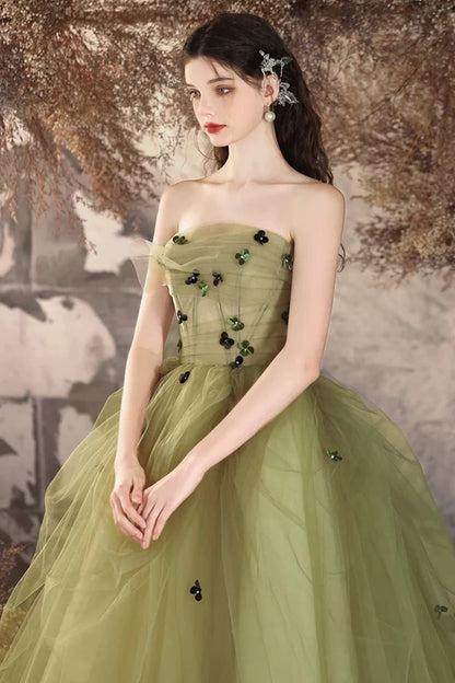 Green Tulle Long A-Line Prom Dress Beautiful Strapless Backless Evening Party Dress