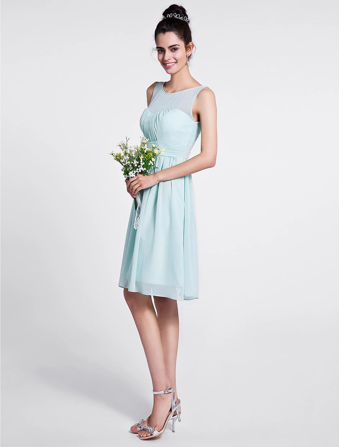 A-Line Bridesmaid Dress Scoop Neck Sleeveless Knee Length Chiffon with Ruched / Draping