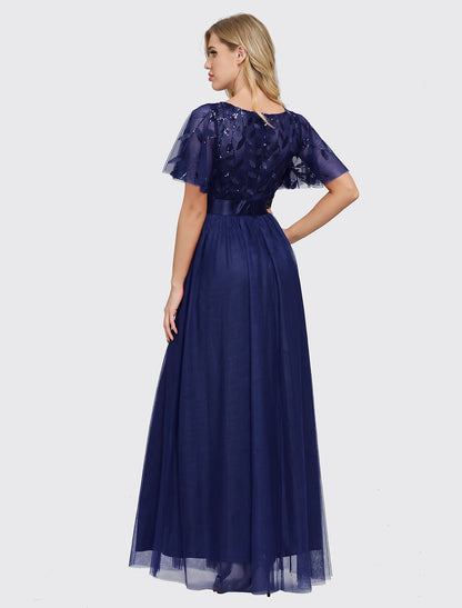 A-Line Empire Elegant Party Wear Prom Dress Jewel Neck Short Sleeve Floor Length Tulle with Embroidery / Illusion Sleeve