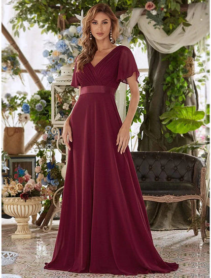 A-Line Evening Gown Party Dress Empire Dress Wedding Guest Formal Evening Floor Length Short Sleeve V Neck Bridesmaid Dress Chiffon V Back with Ruffles Pure Color