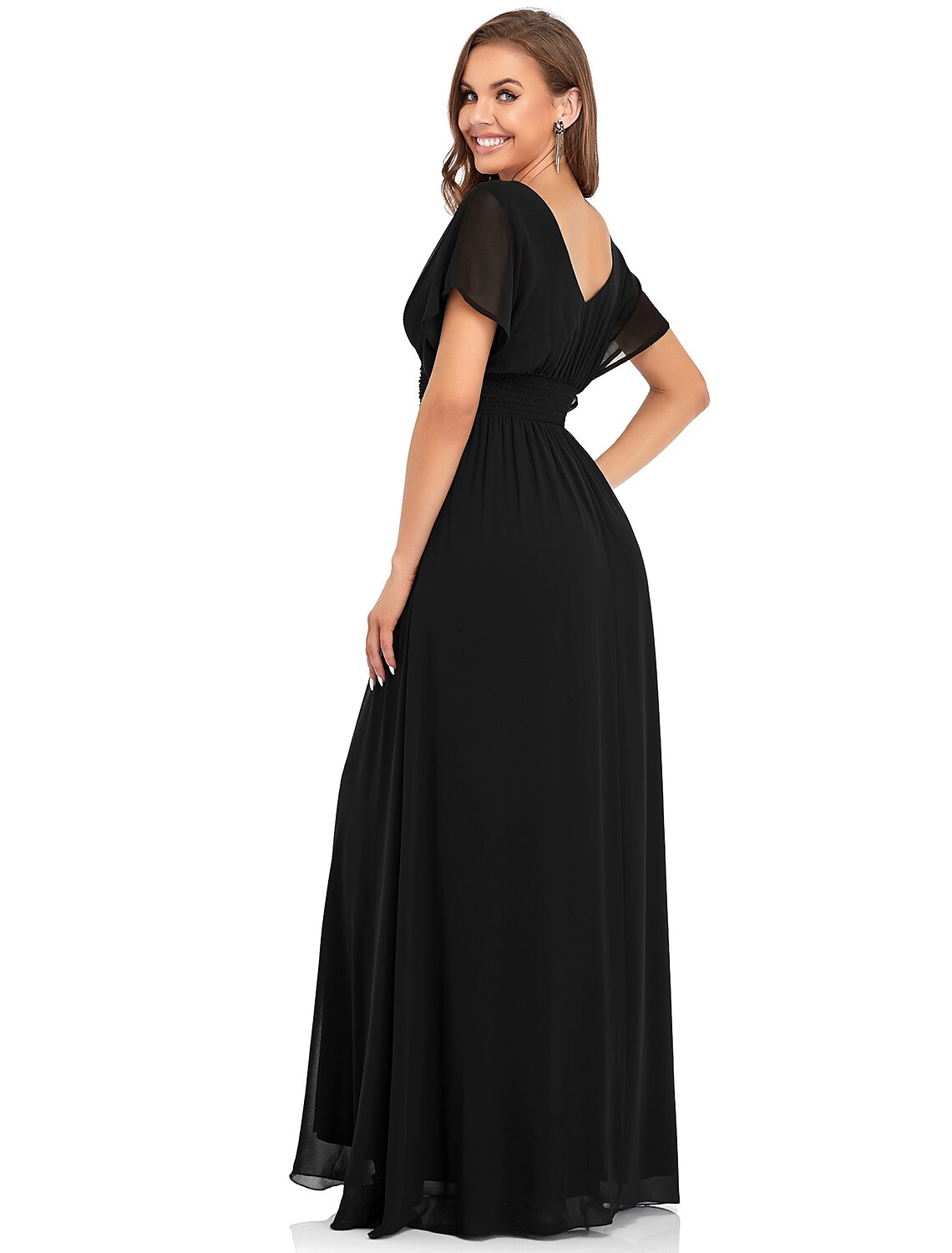 A-Line Elegant Formal Evening Dress V Neck Short Sleeve Floor Length Chiffon with Draping