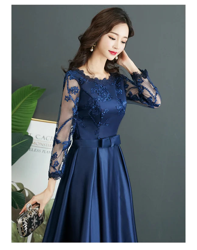 Satin Tea Length with Lace Long Sleeves Bridesmaid Dress, Blue Short Party Dress