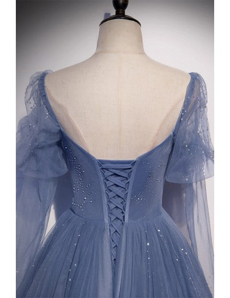 Gorgeous Formal Long Tulle Blue Prom Dress with Sleeves