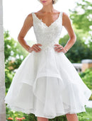 White Dresses Wedding Dresses A-Line V Neck Sleeveless Knee Length Lace Bridal Gowns With Appliques Cascading Ruffles