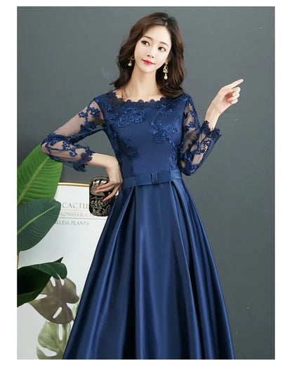 Satin Tea Length with Lace Long Sleeves Bridesmaid Dress, Blue Short Party Dress