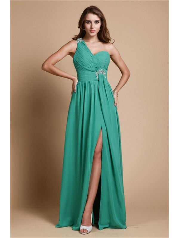 A-Line/Princess One Shoulder Sleeveless Beading Long Chiffon Dresses