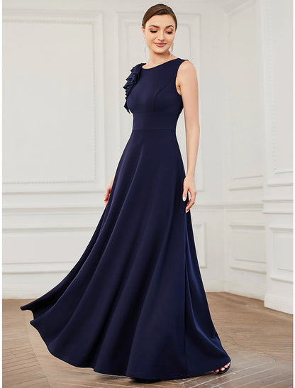 A-Line Evening Gown Elegant Dress Formal Wedding Guest Floor Length Sleeveless Jewel Neck Bridesmaid Dress Polyester with Draping Appliques Pure Color