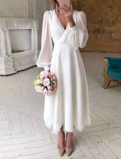 Reception Simple Wedding Dresses Little White Dresses A-Line V Neck Lantern Sleeve Ankle Length Chiffon Bridal Gowns With Solid Color