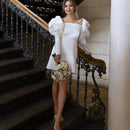 Buyishang White Satin Short Wedding Dress with Puff Sleeves