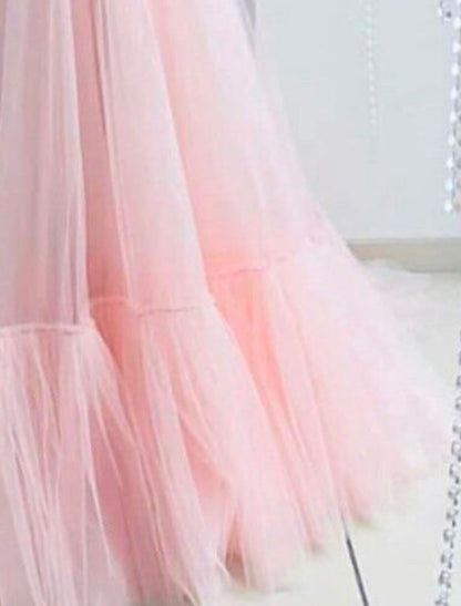 A-Line Minimalist Elegant Engagement Prom Dress Off Shoulder Long Sleeve Floor Length Tulle with Pleats Appliques