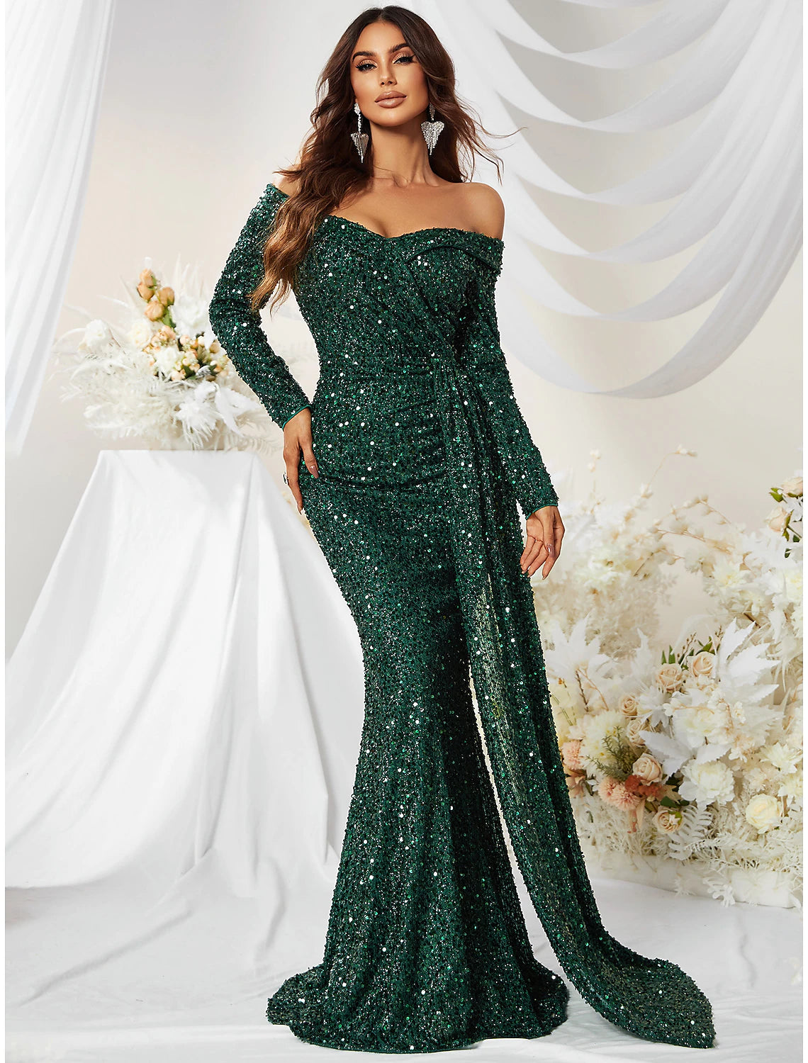 Mermaid / Trumpet Evening Gown Sparkle & Shine Dress Formal Wedding Guest Sweep / Brush Train Long Sleeve Off Shoulder Polyester with Sequin