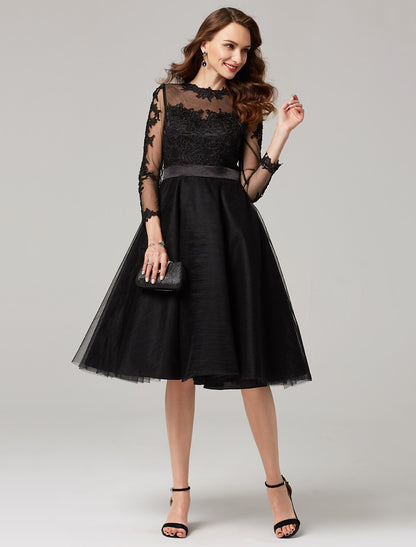 A-Line Elegant Dress Wedding Guest Prom Knee Length 3/4 Length Sleeve Illusion Neck Tulle Over Lace with Appliques