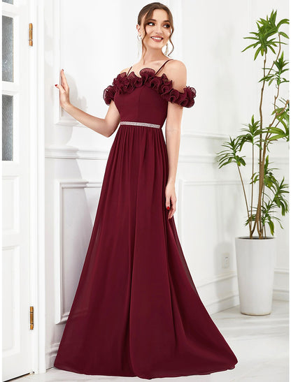 A-Line Prom Dresses Vintage Dress Wedding Guest Birthday Floor Length Sleeveless Off Shoulder Bridesmaid Dress Chiffon with Appliques Shouder Flower