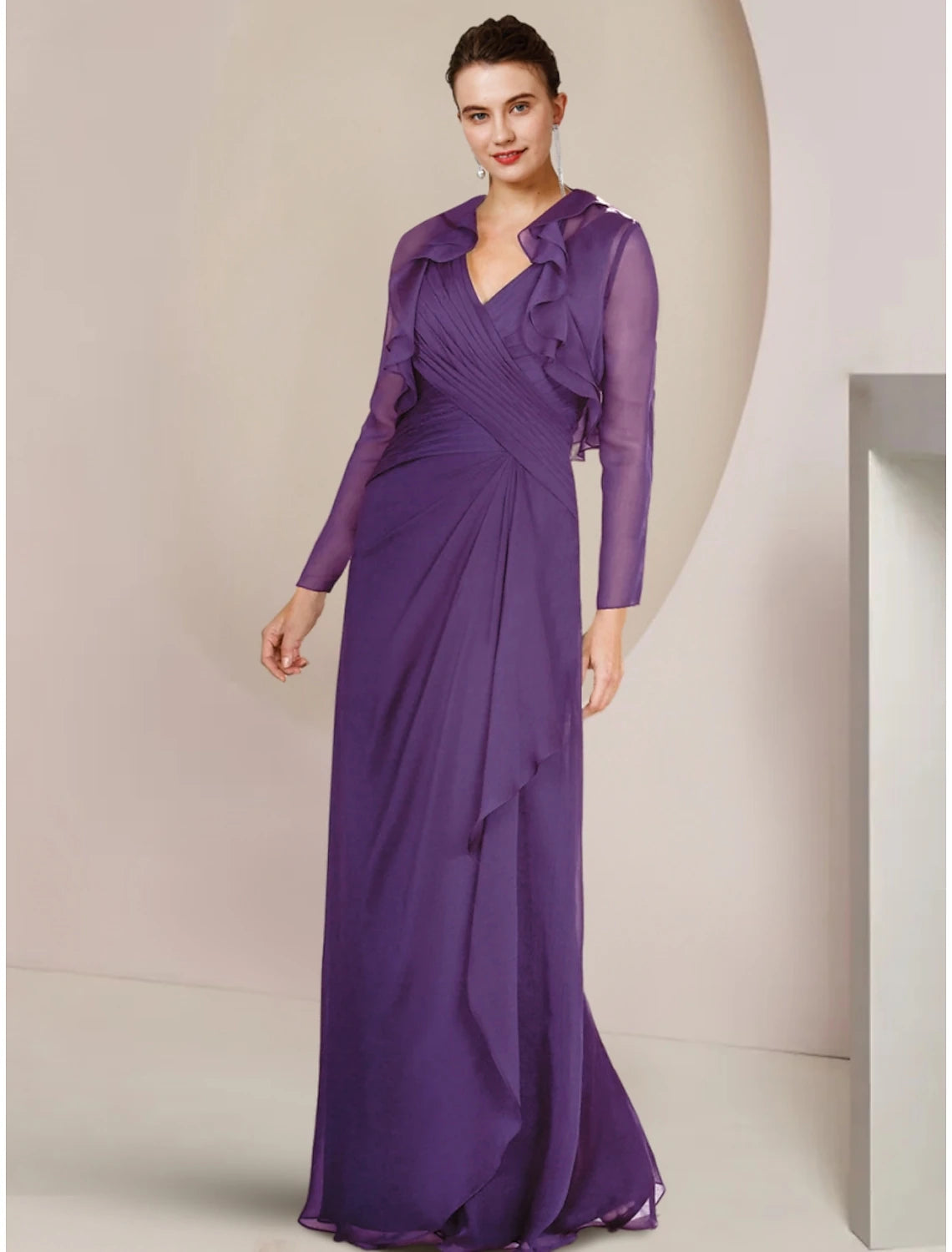 A-Line Mother of the Bride Dress Wedding Guest Elegant V Neck Floor Length Chiffon Long Sleeve with Ruffles Ruching
