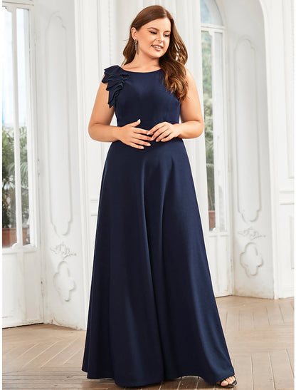 A-Line Evening Gown Elegant Dress Formal Wedding Guest Floor Length Sleeveless Jewel Neck Bridesmaid Dress Polyester with Draping Appliques Pure Color