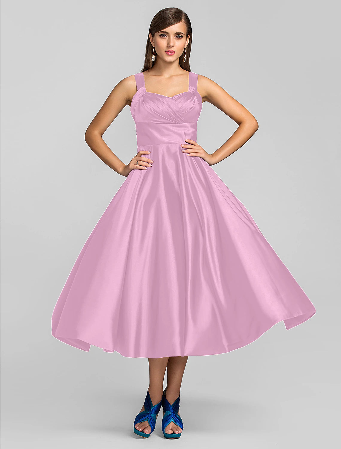 A-Line Minimalist Dress Wedding Guest Cocktail Party Tea Length Sleeveless Square Neck Stretch Satin with Criss Cross