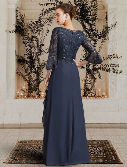 Sheath / Column Mother of the Bride Dress Elegant V Neck Floor Length Chiffon Lace 3/4 Length Sleeve with Pleats Appliques