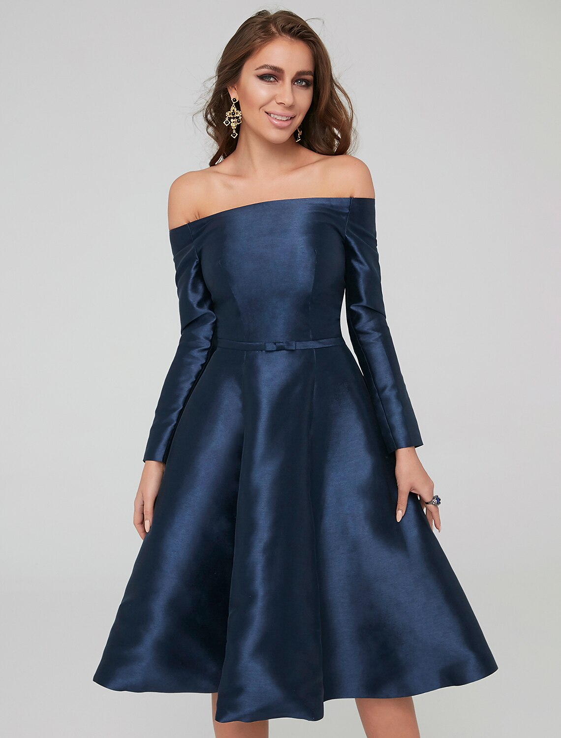 A-Line Special Occasion Dresses Party Dress Wedding Guest Cocktail Party Knee Length Long Sleeve Off Shoulder Satin with Pleats