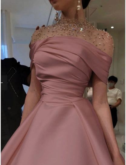 A-Line Evening Gown Elegant Dress Formal Red Green Dress Floor Length Short Sleeve Illusion Neck Satin with Ruched Beading