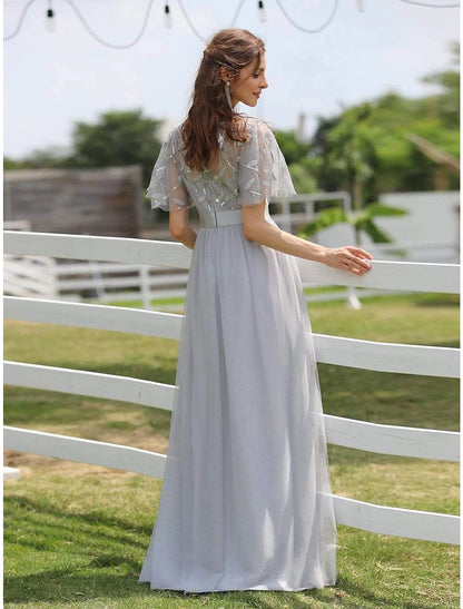 A-Line Empire Elegant Party Wear Prom Dress Jewel Neck Short Sleeve Floor Length Tulle with Embroidery / Illusion Sleeve