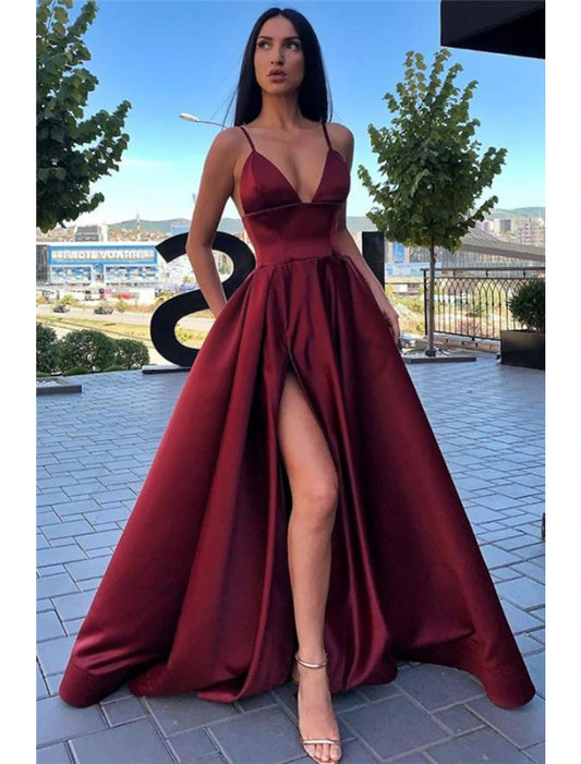 A-Line Black Dress Prom Dress High Split Evening Dress Formal Birthday Summer Dress Spaghetti Strap Sleeveless Sweep / Brush Train Satin with Pleats Split Front