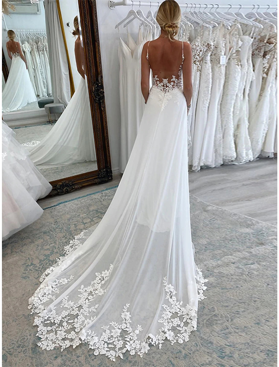 Reception Formal Wedding Dresses A-Line Camisole Sleeveless Court Train Chiffon Bridal Suits Bridal Gowns With Appliques