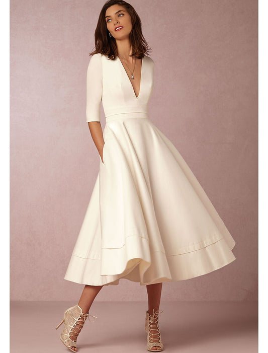 A-Line Special Occasion Dresses Party Dress Holiday Wedding Guest Tea Length Half Sleeve V Neck  Jersey with Pleats