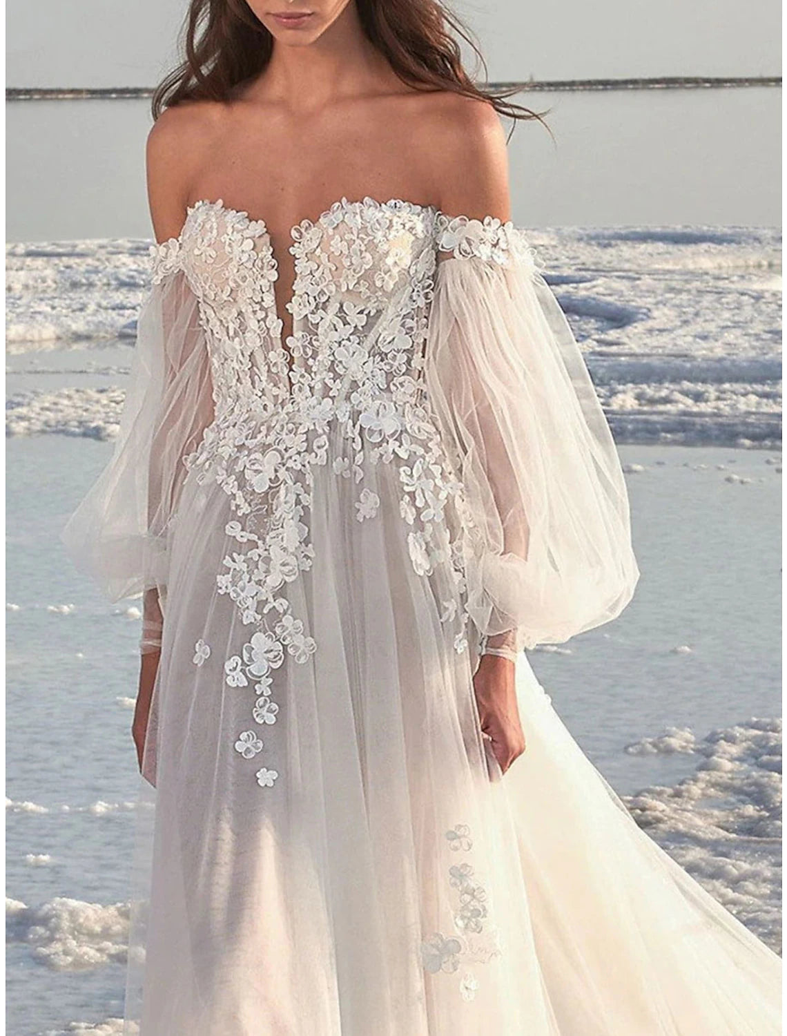 Beach Formal Wedding Dresses A-Line Off Shoulder Long Sleeve Court Train Lace Bridal Gowns With Appliques Summer Fall Wedding Party , Women's Clothing