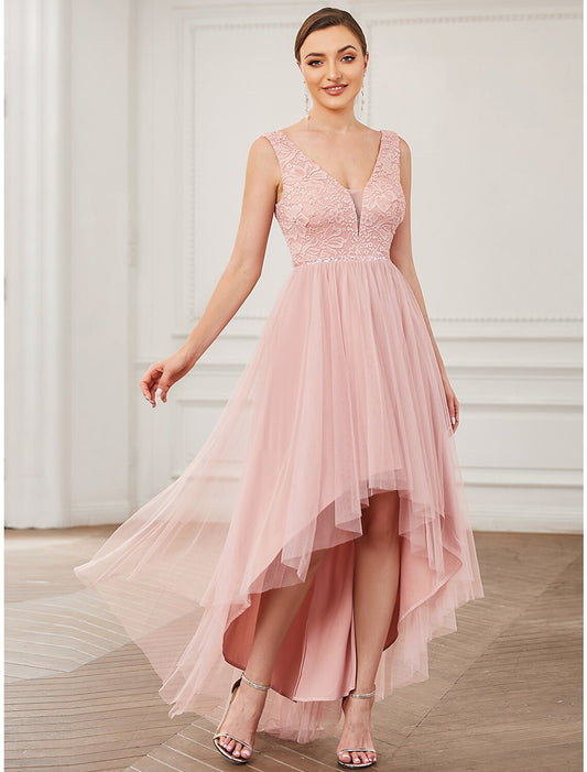 A-Line Bridesmaid Dress V Neck Sleeveless Elegant Short / Mini Lace / Tulle with Draping / Ruching / High Low