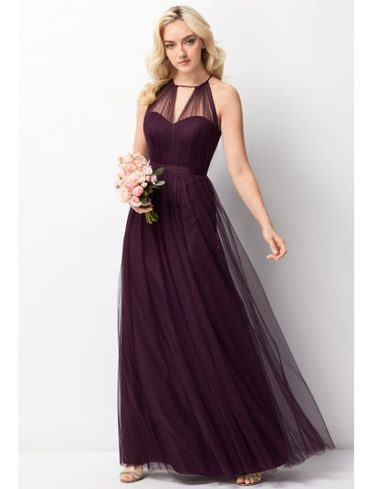 A-Line Bridesmaid Dress Halter Neck Sleeveless Elegant Floor Length Chiffon / Tulle with