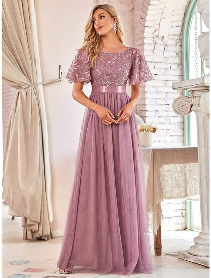 A-Line Empire Elegant Party Wear Prom Dress Jewel Neck Short Sleeve Floor Length Tulle with Embroidery / Illusion Sleeve