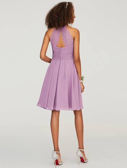 A-Line Bridesmaid Dress Halter Neck Sleeveless Keyhole Knee Length Chiffon with Ruffles