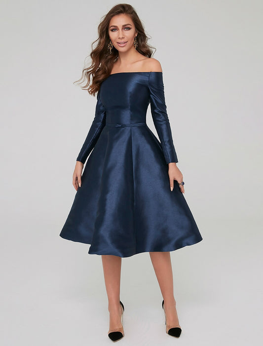 A-Line Special Occasion Dresses Party Dress Wedding Guest Cocktail Party Knee Length Long Sleeve Off Shoulder Satin with Pleats