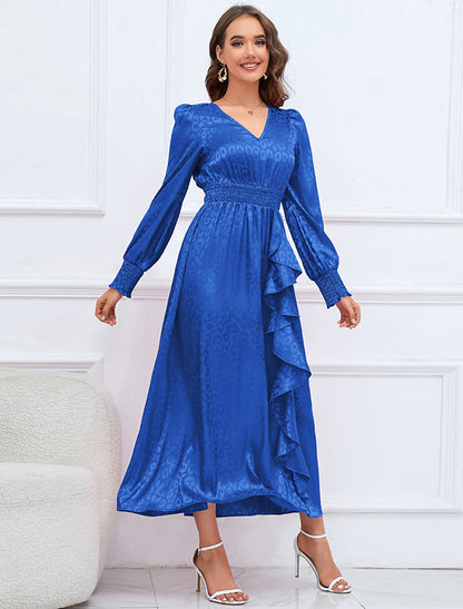 A-Line Party Dresses Elegant Dress Formal Fall Ankle Length Long Sleeve V Neck Satin with Ruffles Print