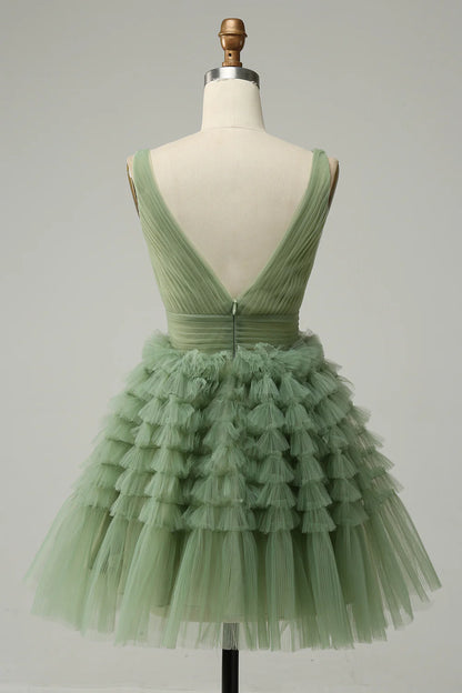 Green Tulle V-Neck Short Prom Dress With Open Back