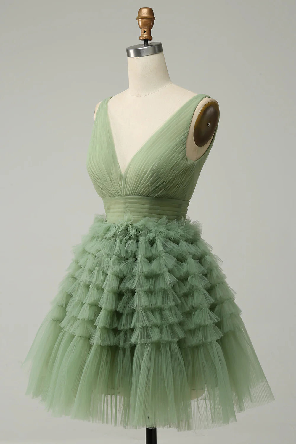 Green Tulle V-Neck Short Prom Dress With Open Back