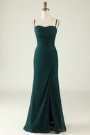 Sheath Spaghetti Straps Dark Green Long Wedding Guest Dress with Split Front