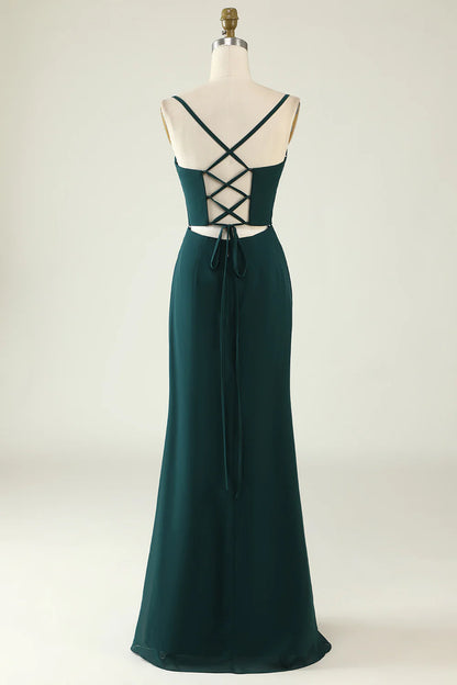 Sheath Spaghetti Straps Dark Green Long Wedding Guest Dress with Split Front