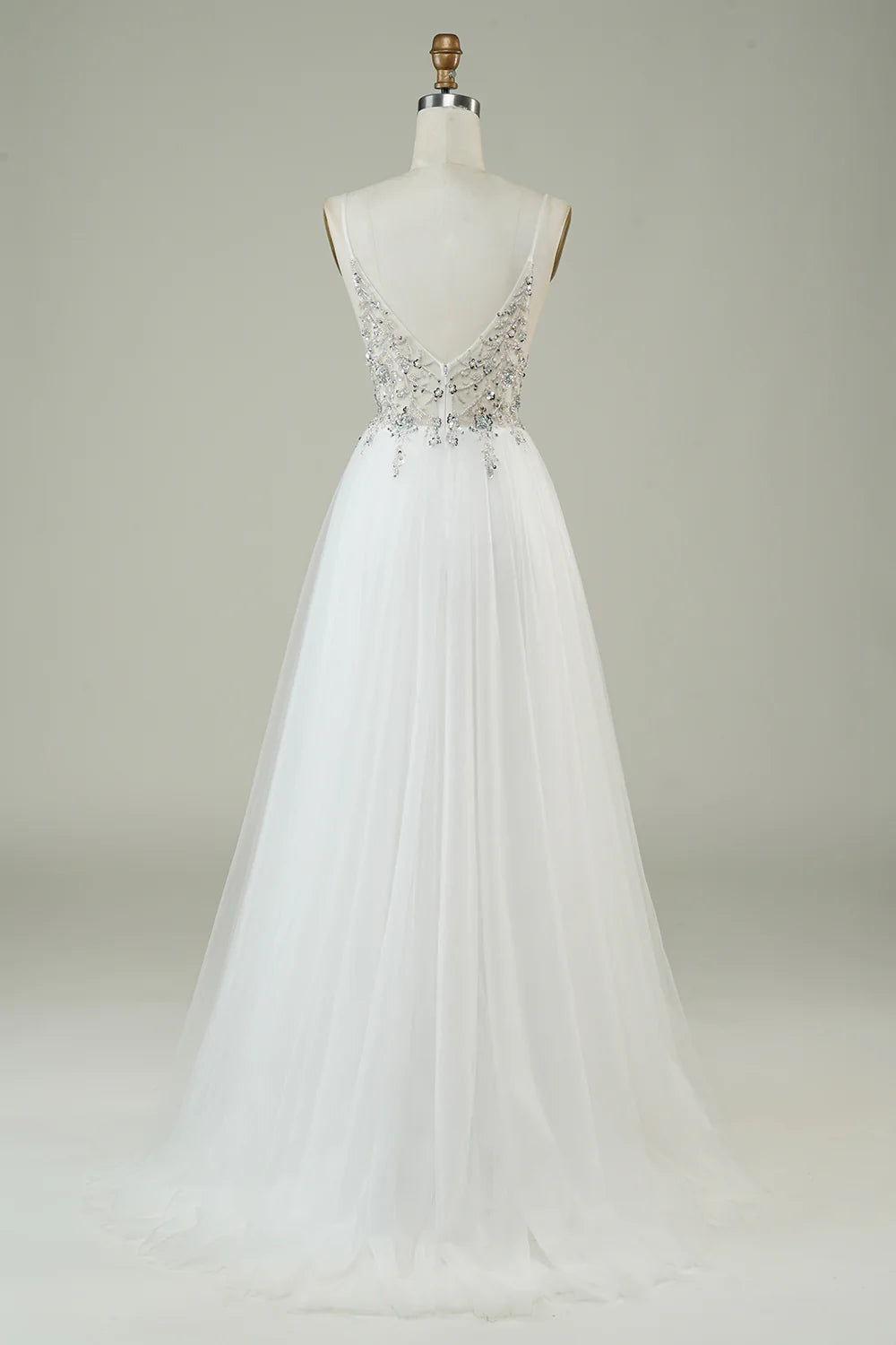 Gorgeous A Line Spaghetti Straps White Tulle Long Wedding Dress with Beading